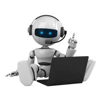 Funny robot sit with headphones